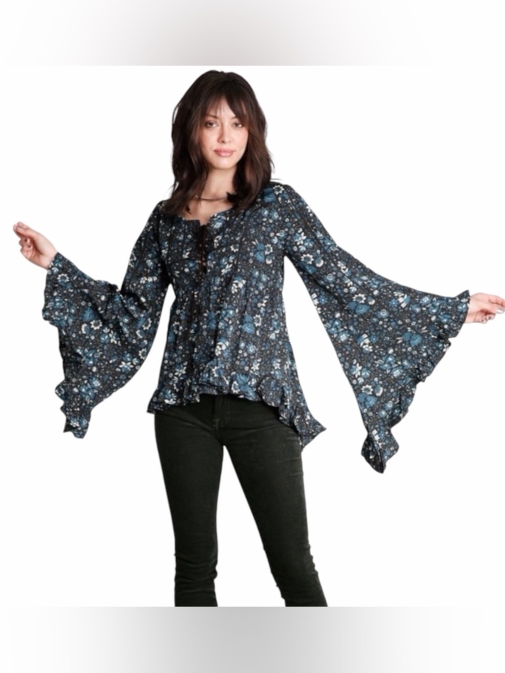 Raga for Anthropologie Eloise Blouse Floral Print Bell Sleeves Size S NWT - Picture 3 of 11